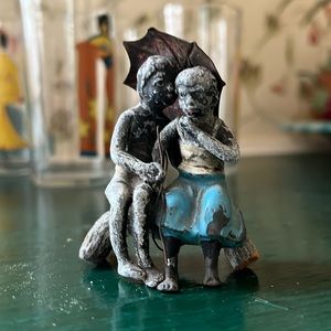 1920s Austrian Cast Iron Black Boy + Girl on Tree Stump with metal umbrella